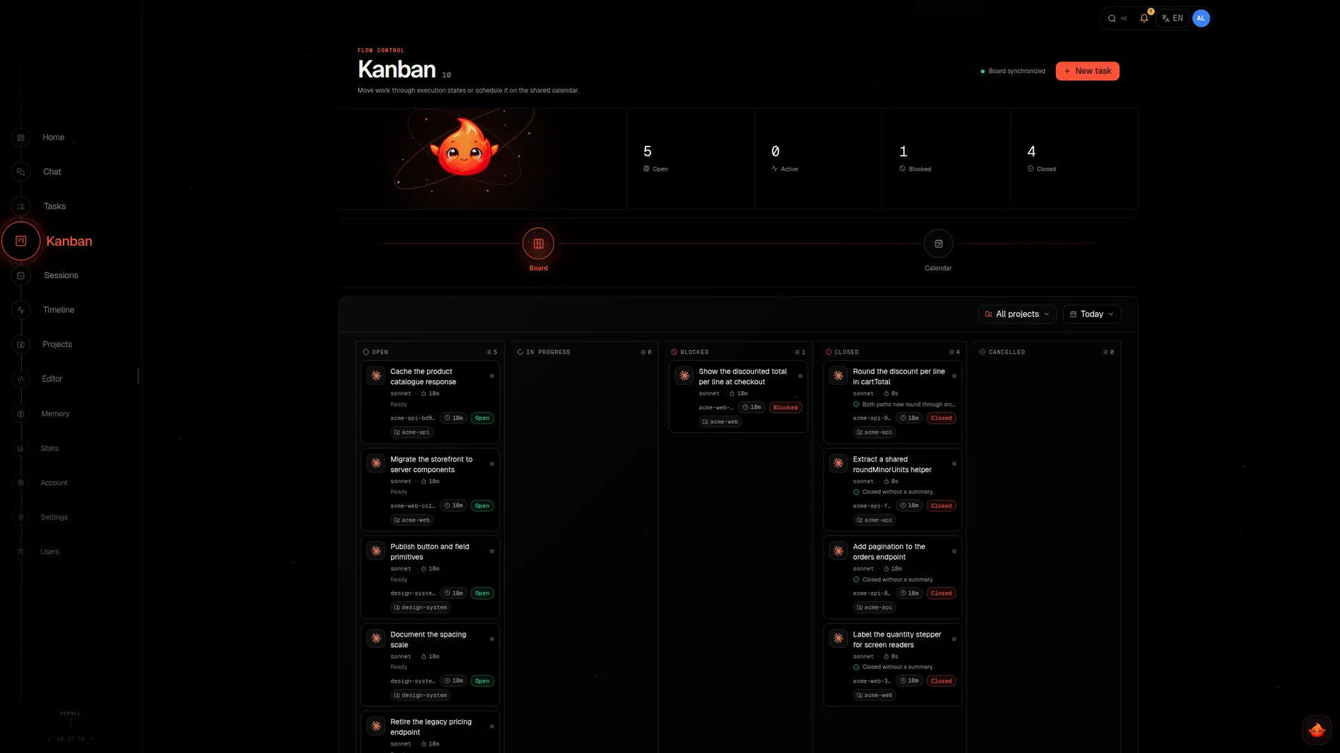 Elowen kanban board with work moving through open, in progress, blocked and closed