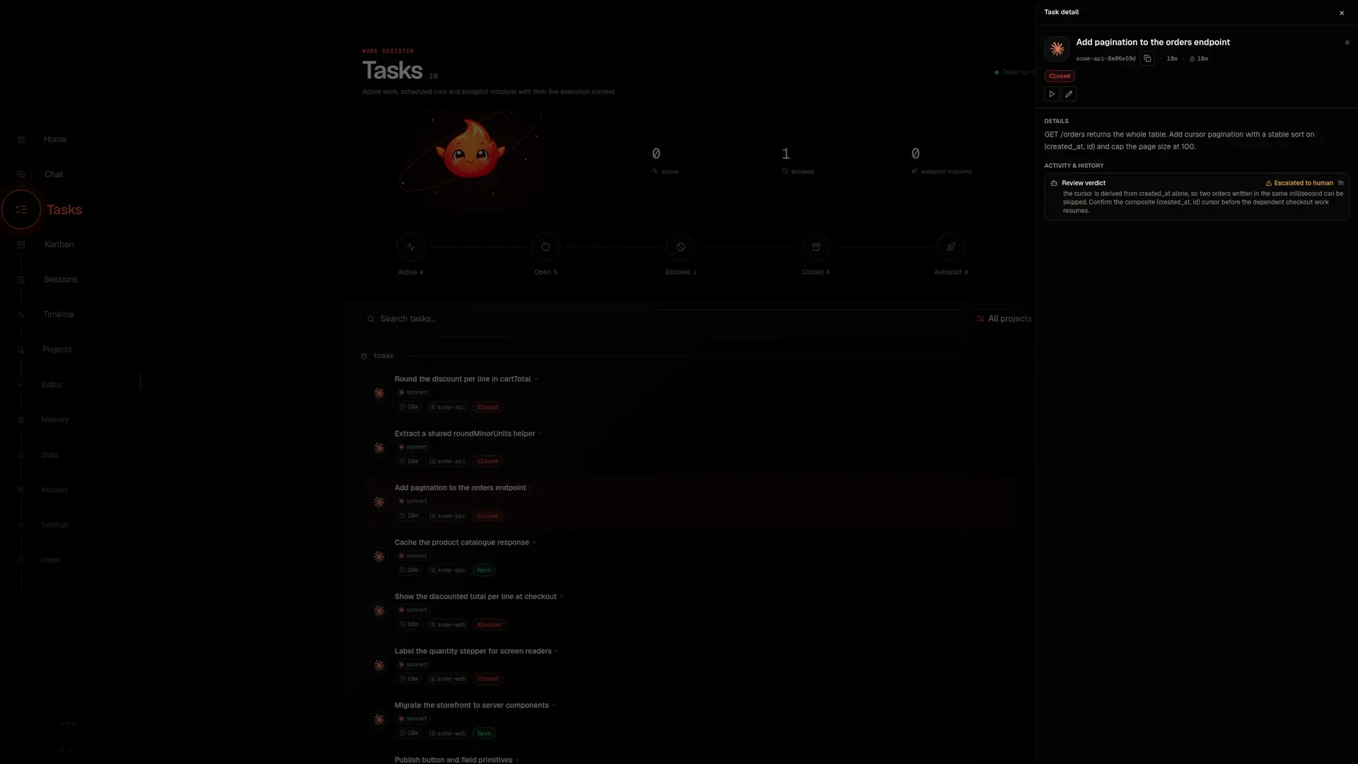 Elowen Tasks workspace with active missions and contextual detail